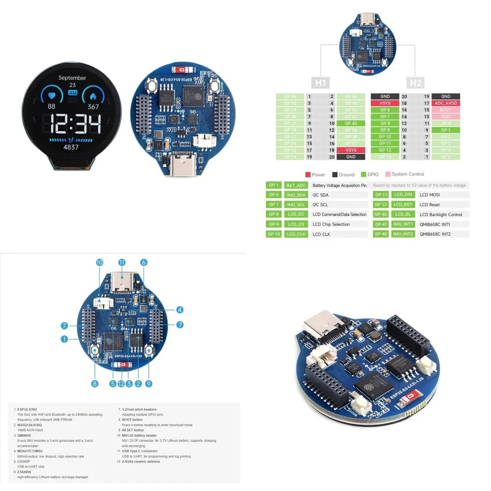 Esp32 S3 - ESP32-S3 LCD開発ボード 1.28インチIPSラウンドGC9A01ディスプレイドライバ WiFi/Bluetooth対応